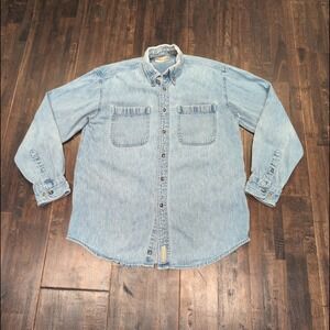 Vintage Fieldmaster Chambray Light Wash Denim Shirt Mens M Blue Long Sleeve Fade